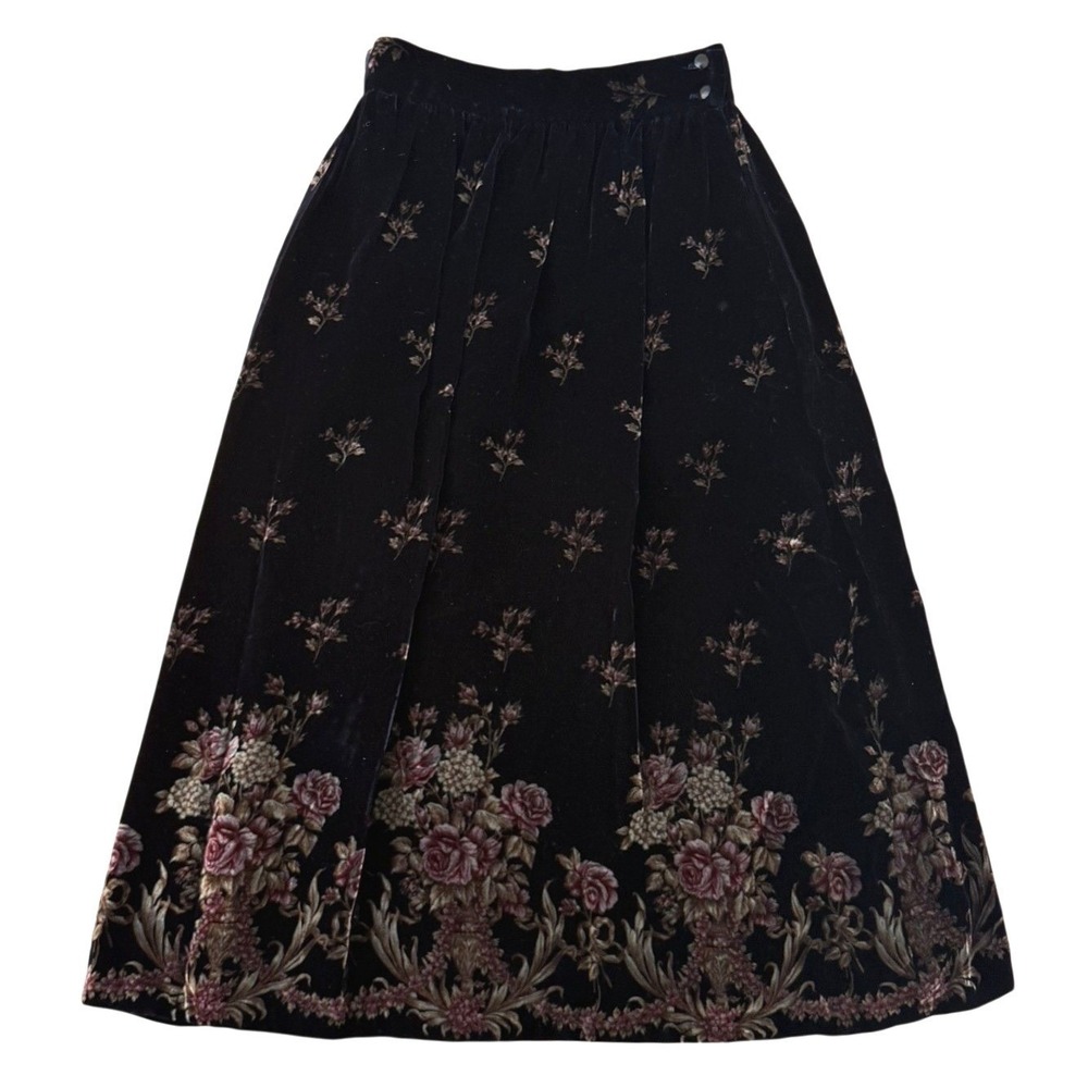 Vintage Herman Geist Floral Skirt Size 10 Velvet Pleated Maxi Cottagecore